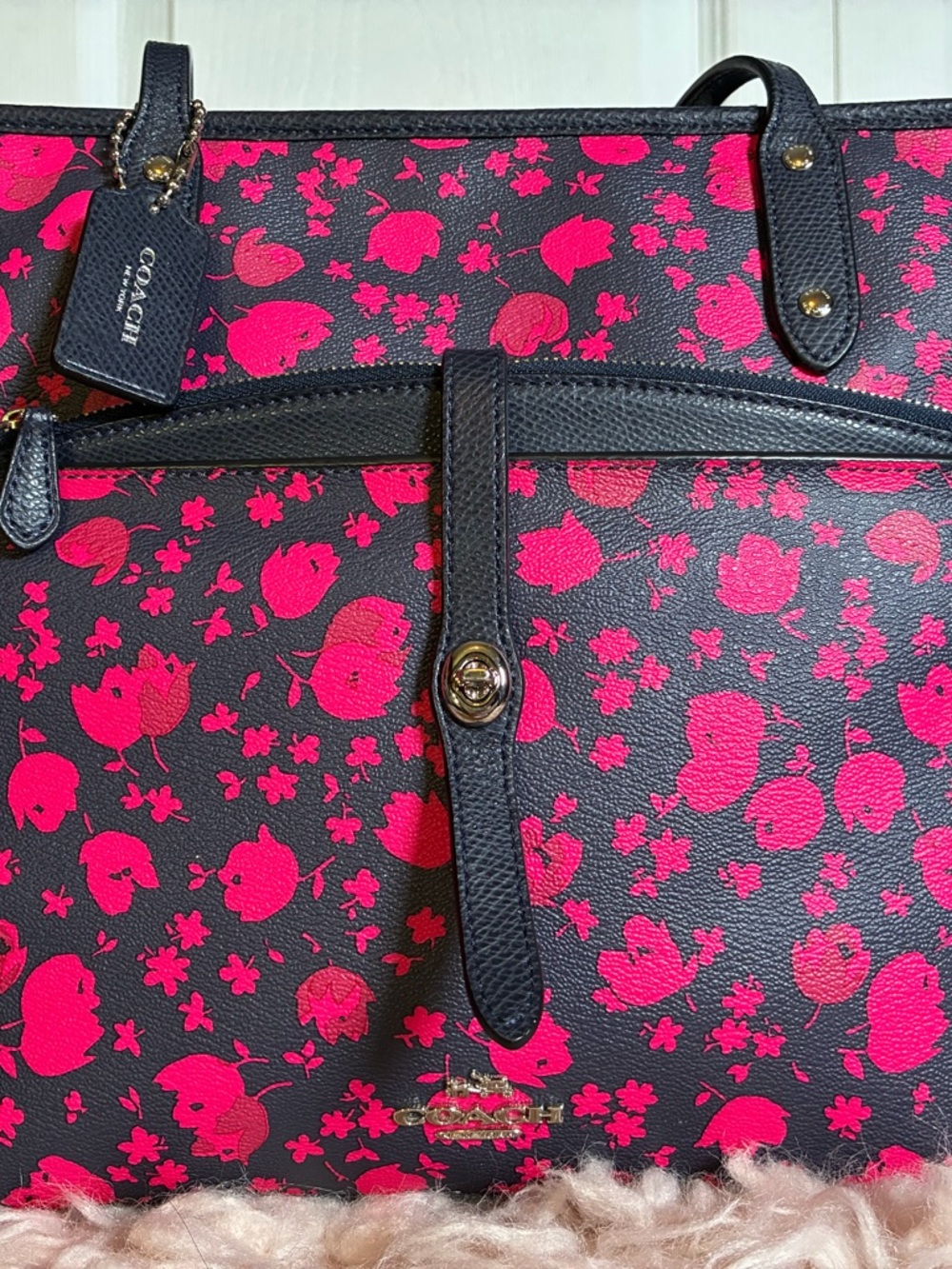 Coach Black Tote with Hot Pink Floral Print